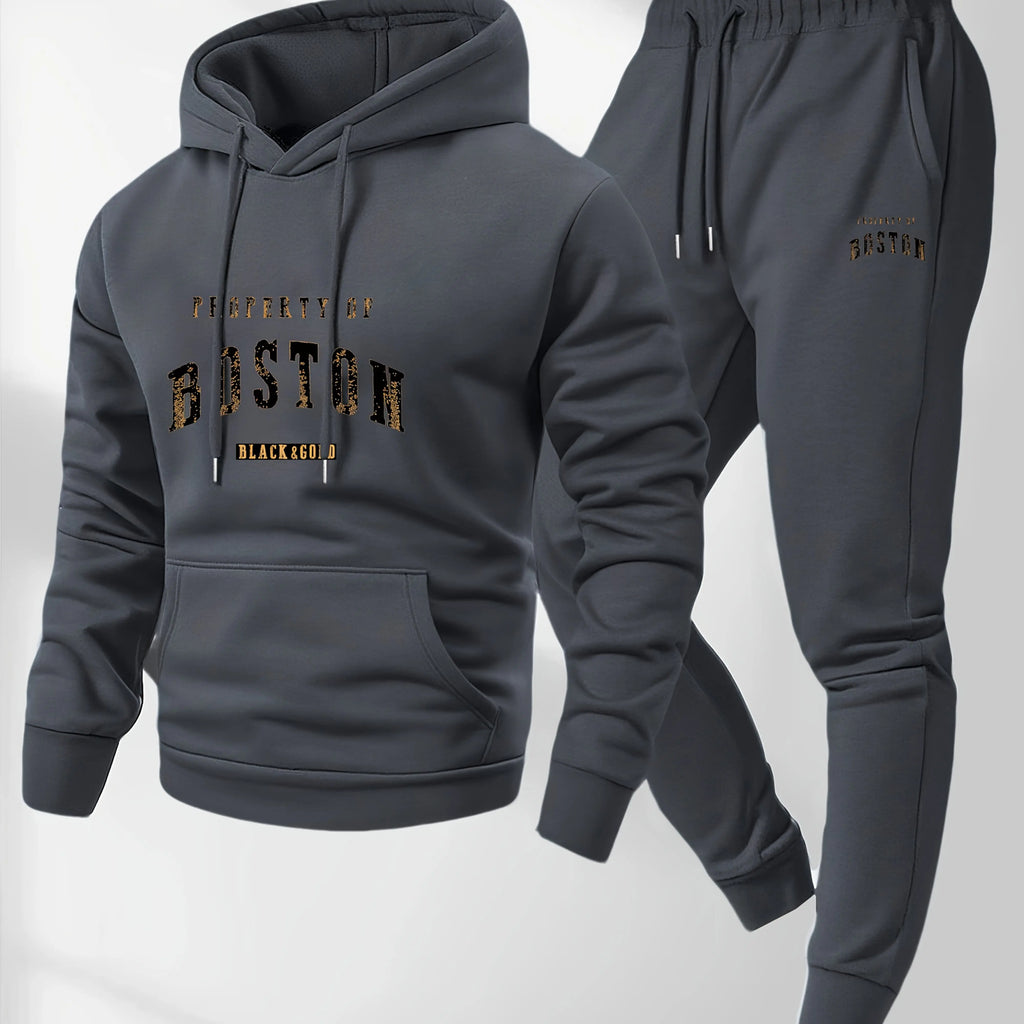 Men's Boston Print Hoodie & Velvet Sweatpants Set – Warm Autumn Winter Tracksuit