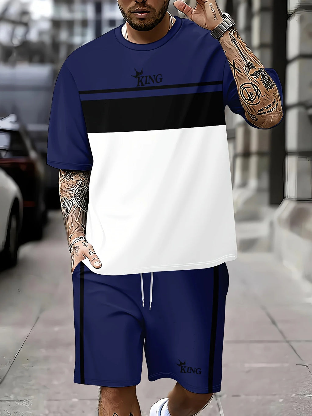 Men's Striped Short Sleeve T-Shirt & Drawstring Shorts Outdoor Travel Set