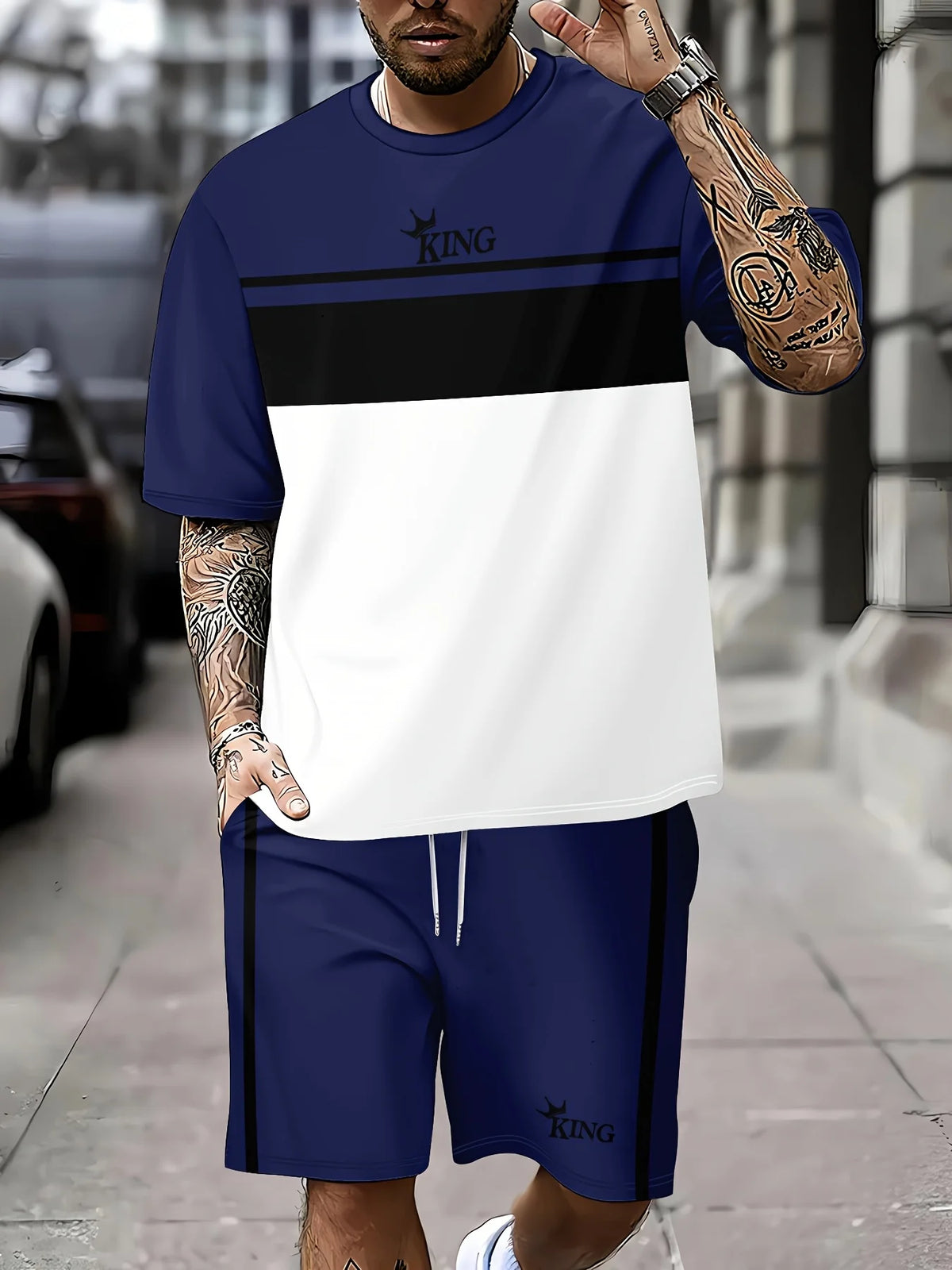 Men's Striped Short Sleeve T-Shirt & Drawstring Shorts Outdoor Travel Set