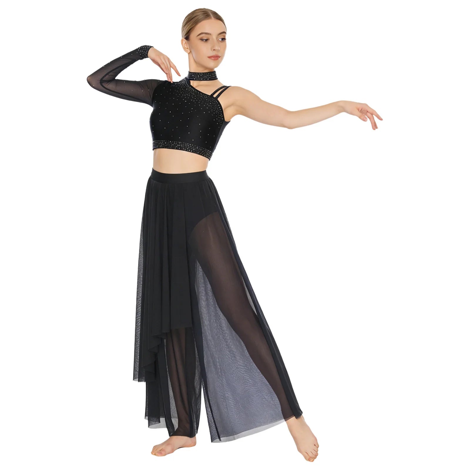 Women's Dance Performance Costume – Shiny Crop Top & Sheer Pants for Skating, Gymnastics & Ballet