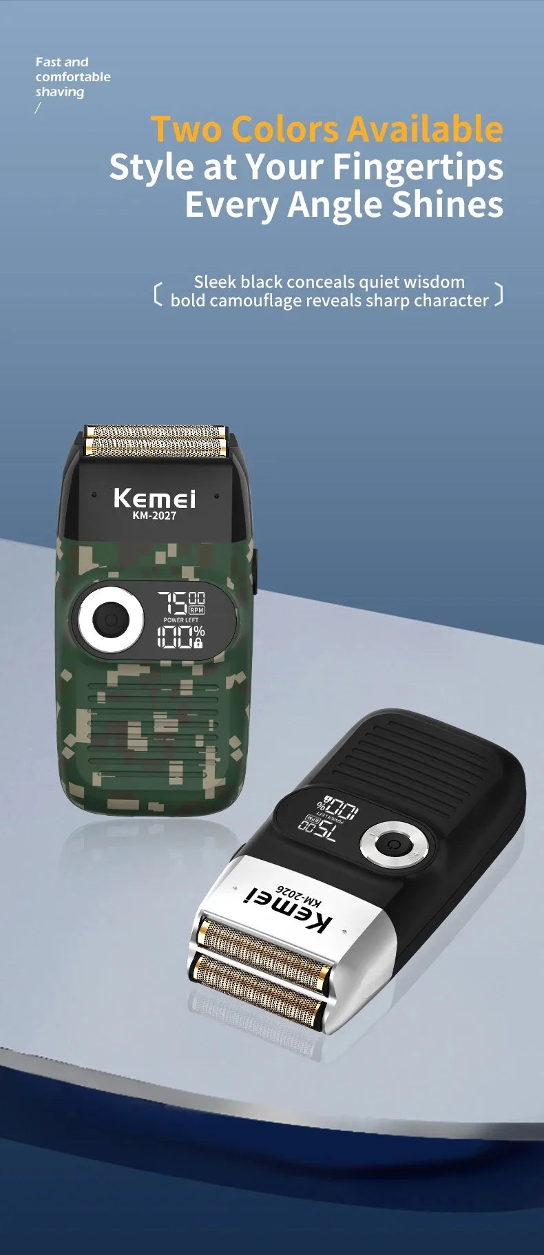Kemei KM-2026 / KM-2027 Foil Electric Shaver – Dual-Layer Blade, 120-Min Runtime, USB Rechargeable