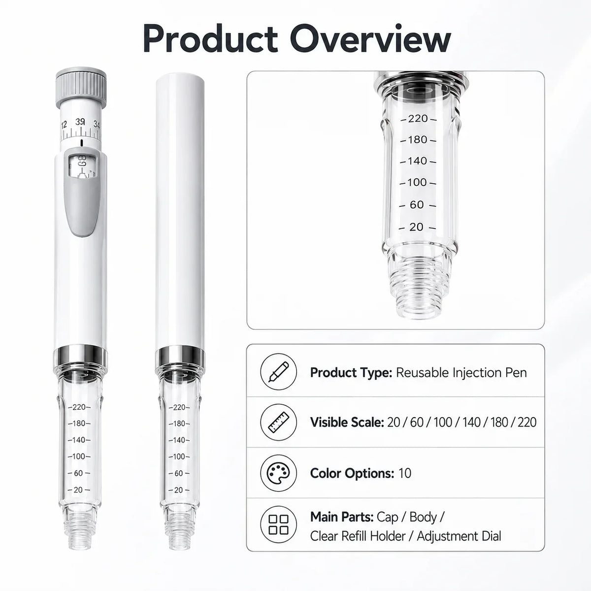 Reusable Insulin Injection Pen – Metal V2 Adjustable 60IU Dose Control with Clear Scale