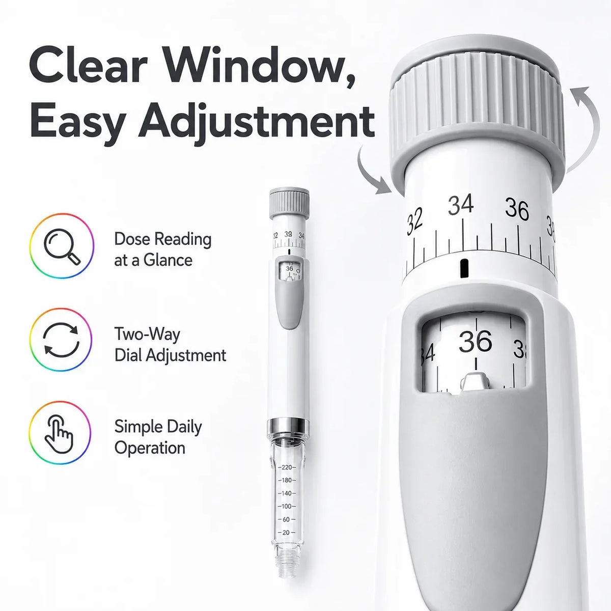 Reusable Insulin Injection Pen – Metal V2 Adjustable 60IU Dose Control with Clear Scale