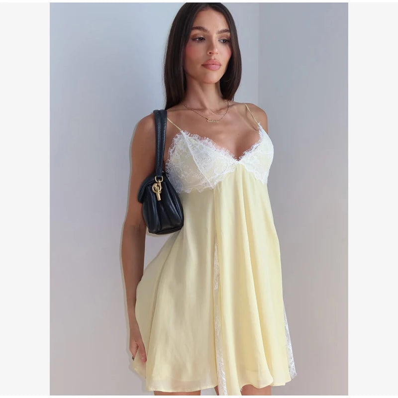 Butter Yellow Satin Bias Cut Lace Patchwork Midi Dress – V-Neck Backless Y2K Party Dress