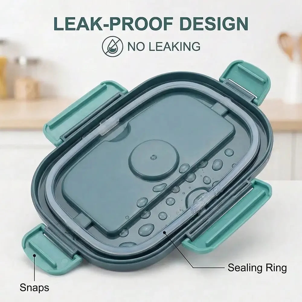 Leak-proof food container with text highlighting features on a kitchen background