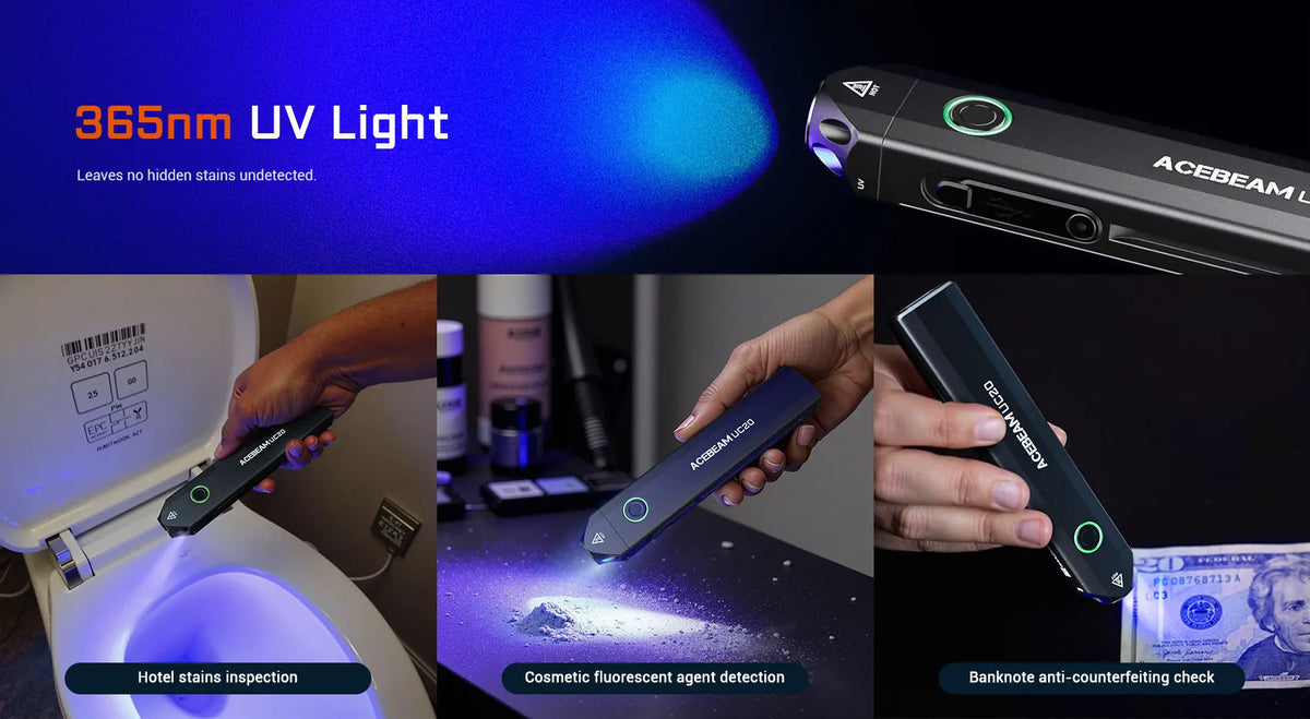 ACEBEAM UC20 – 1000 Lumen 3-in-1 EDC Flashlight, White/Red/UV, IP68 Waterproof, USB-C Rechargeable
