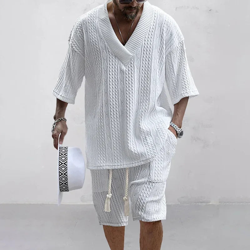 Men's Knitted V-Neck T-Shirt & Shorts Set – Casual Streetwear 2-Piece Outfit