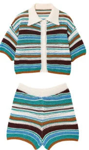 Women's Y2K Crochet Knit Crop Sweater & Shorts Set – Polo Collar Striped Patchwork Hollow Out