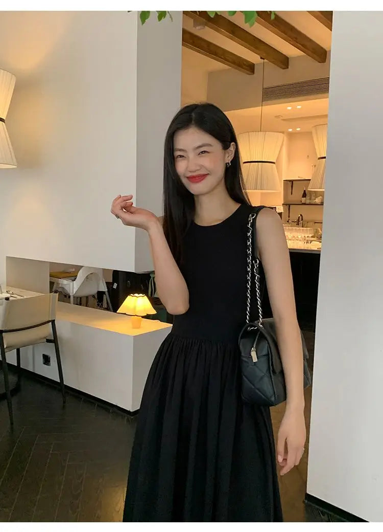 Women's Vintage Black Midi Dress – O-Neck Office Lady Casual Style with Pockets
