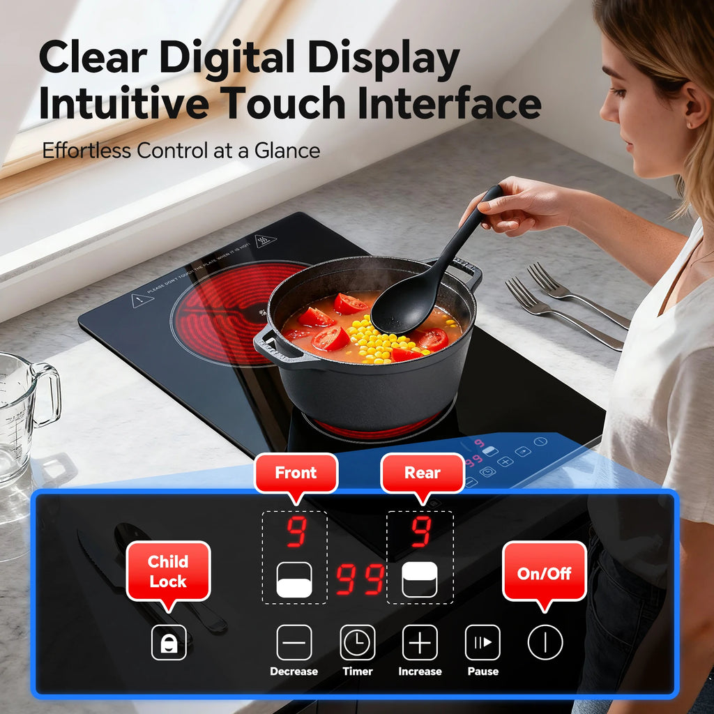 2-Zone Ceramic Hob – 3000W, Child Lock, 9 Heat Levels, 1-99 Min Timer, 60cm Black Glass (CE Certified)