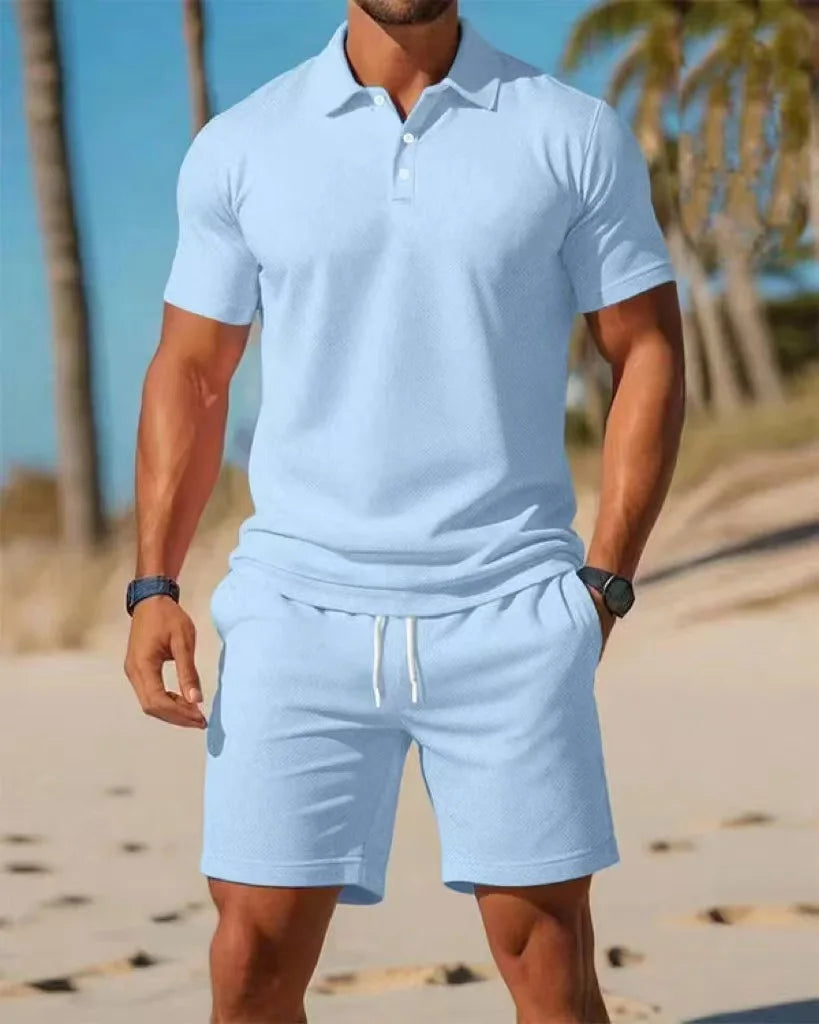 Men's Button-Down Polo Shirt & Breathable Mesh Shorts Set – Casual Versatile Summer Plus Size