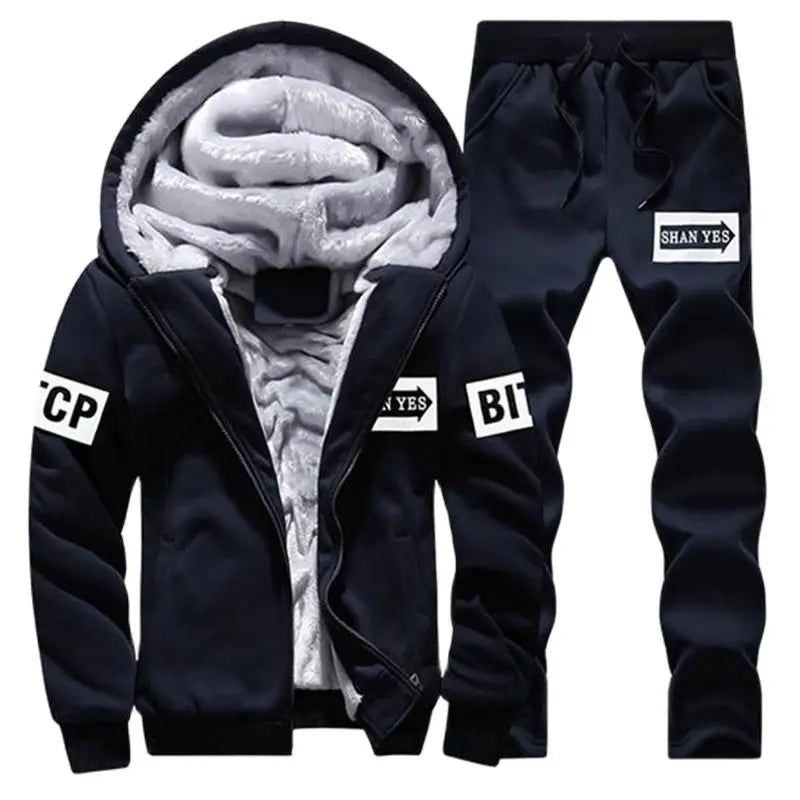 Men's Fleece Lined Thick Hooded Tracksuit – Winter Sweatshirt & Pants Sportswear Set