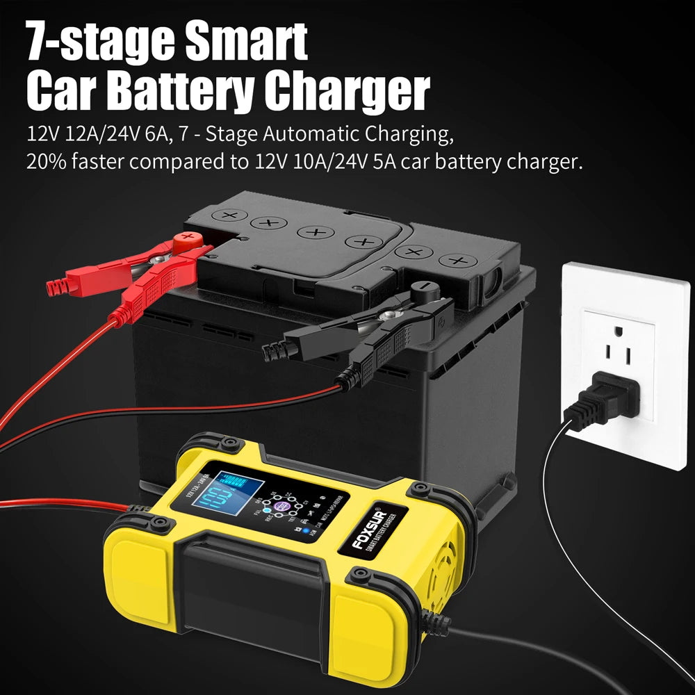 Foxsur Automatic Car Battery Charger 12V 12A – Digital Display Pulse Repair for Wet Dry Lead Acid Batteries