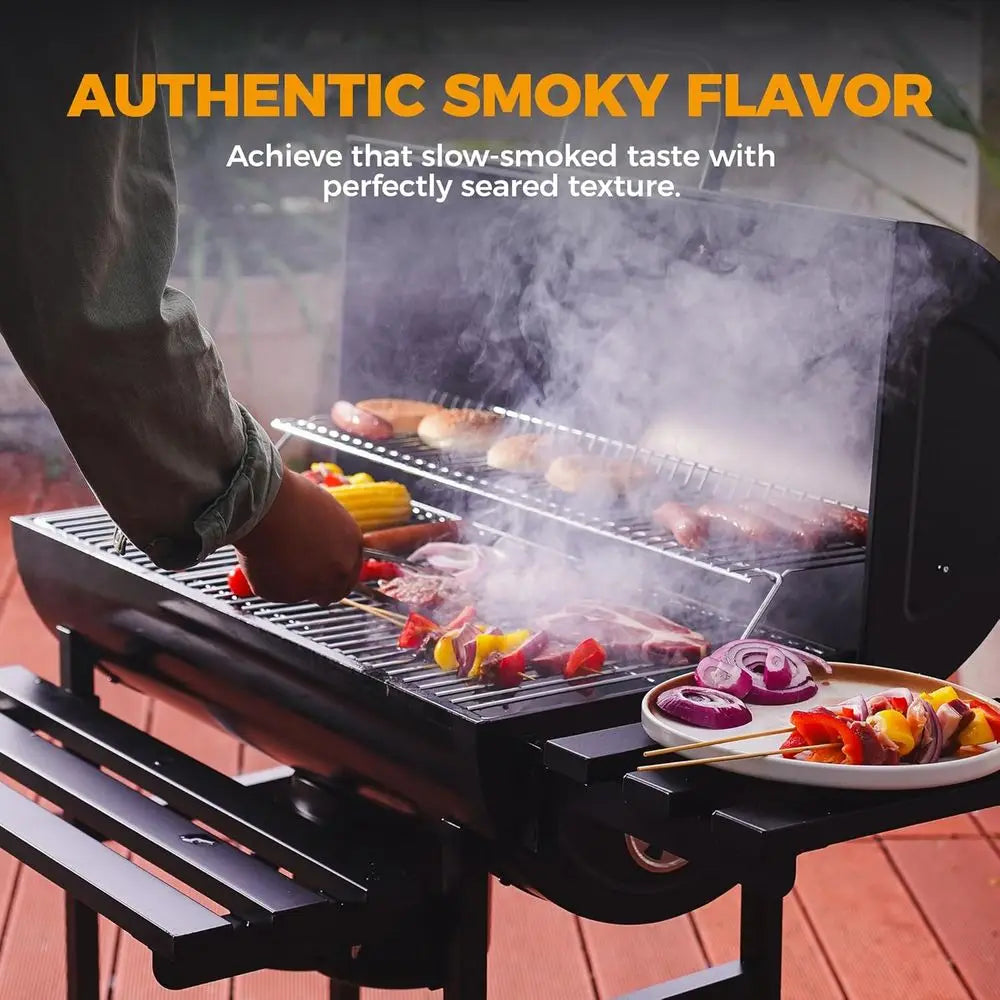 Portable 686 Sq. In. Charcoal BBQ Grill | Adjustable Air Vents, Built-In Thermometer, Folding Side Tables, 360° Wheels, Outdoor & Parties