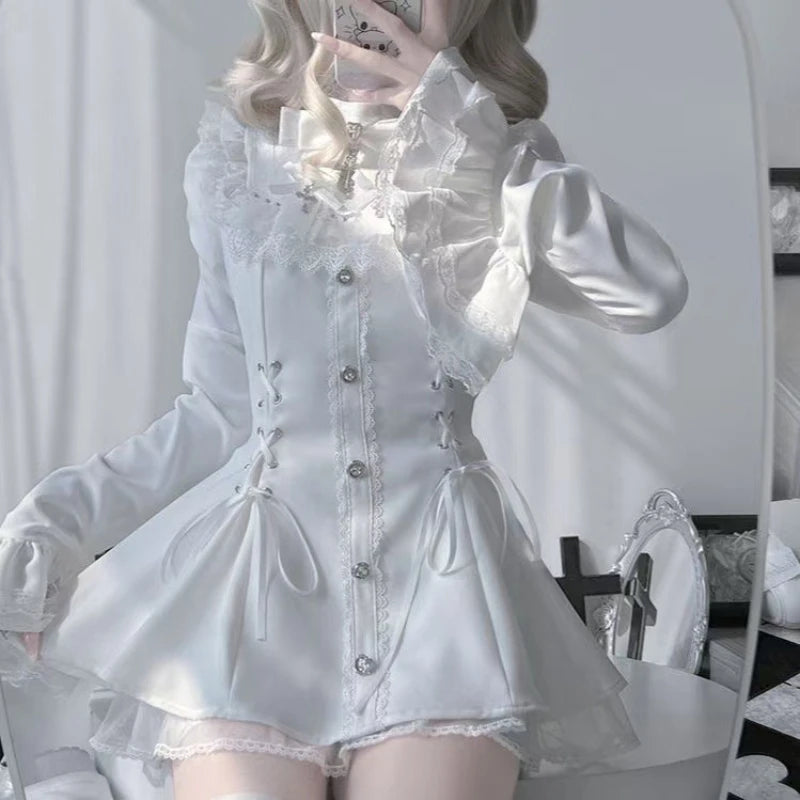 Japanese Gothic Lolita Mini Dress — Harajuku Y2K Bow Lace Ruffle Party Dress