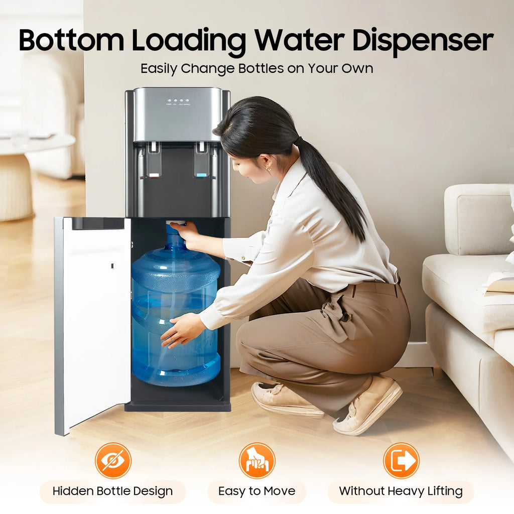 110V Bottom-Loading Water Dispenser — 304 Stainless Steel, Hot & Cold, Floor Standing | US Plug