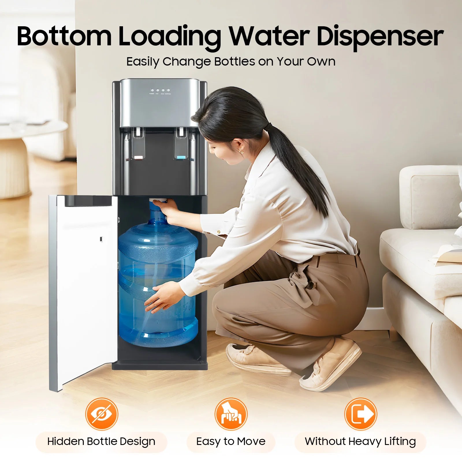 110V Bottom-Loading Water Dispenser — 304 Stainless Steel, Hot & Cold, Floor Standing | US Plug