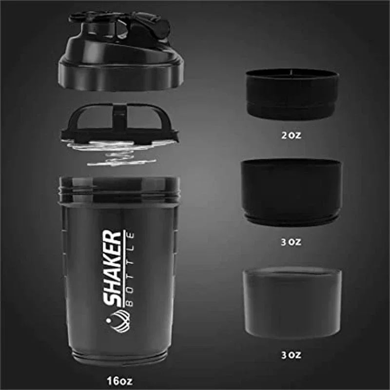 500ml Portable Protein Shaker Bottle with Powder Storage & Wire Whisk Ball – Gym & Sport Mixer Cup