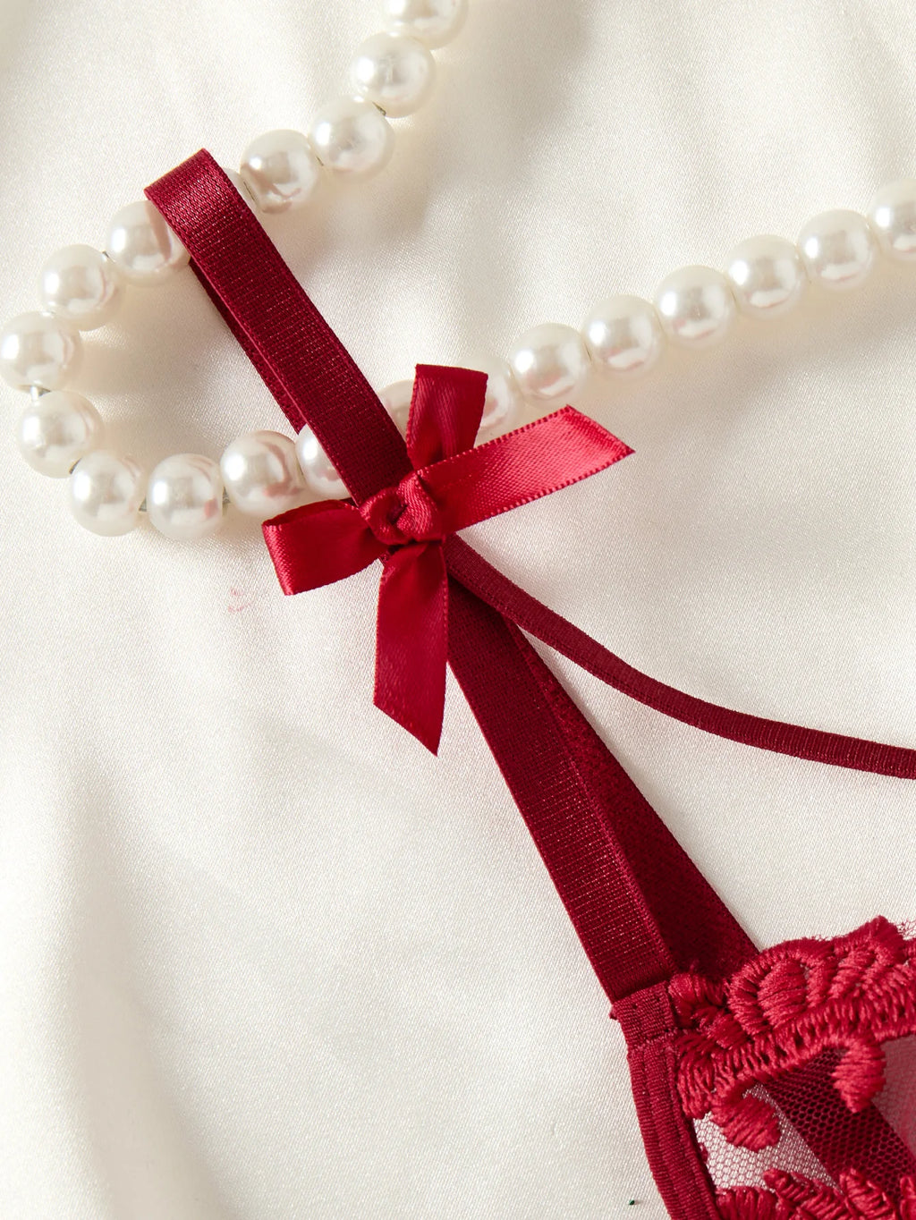 Wine Red Wheat Ear Embroidery Nightgown – Semi-Transparent Bow Countryside Elegant Sleepwear