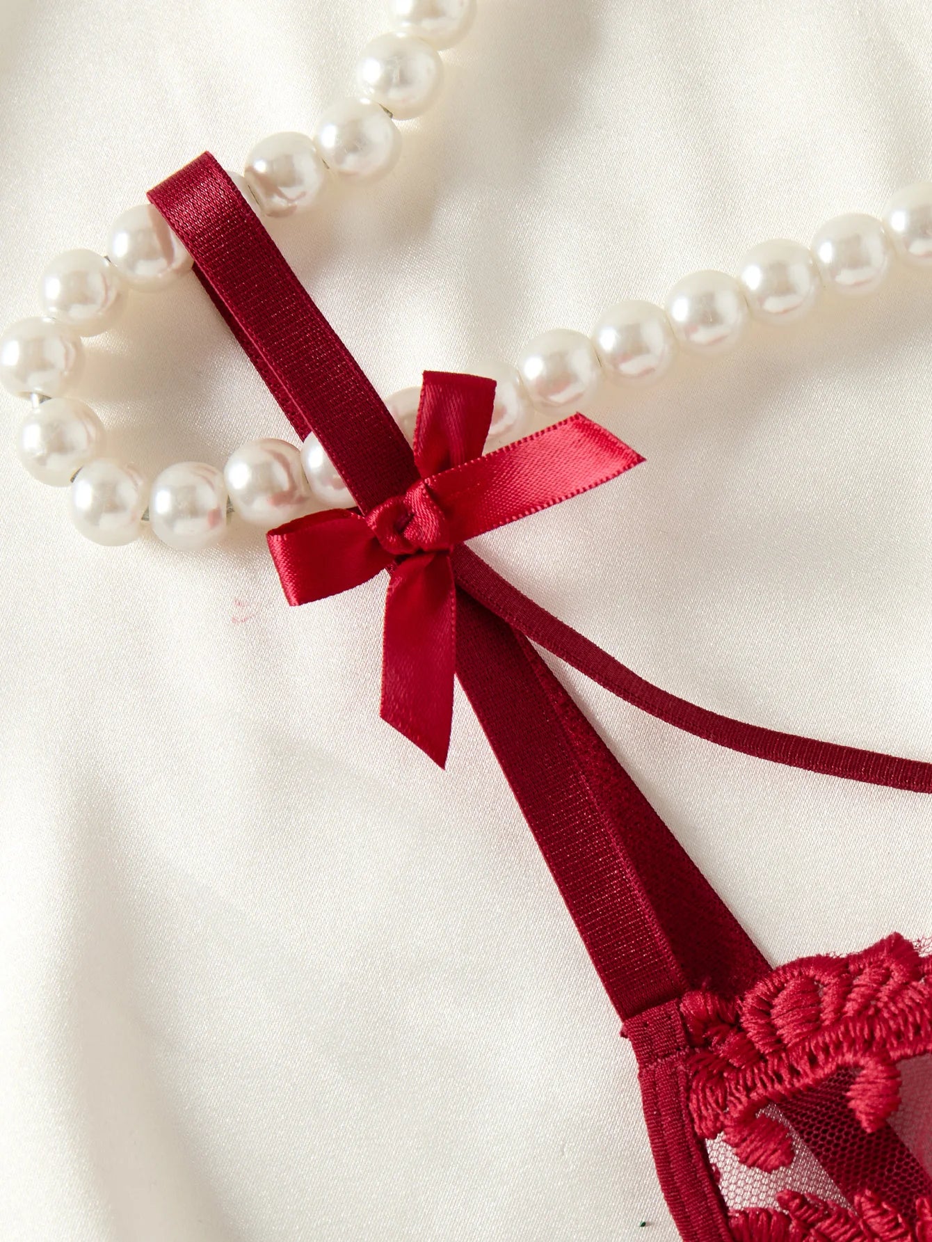 Wine Red Wheat Ear Embroidery Nightgown – Semi-Transparent Bow Countryside Elegant Sleepwear