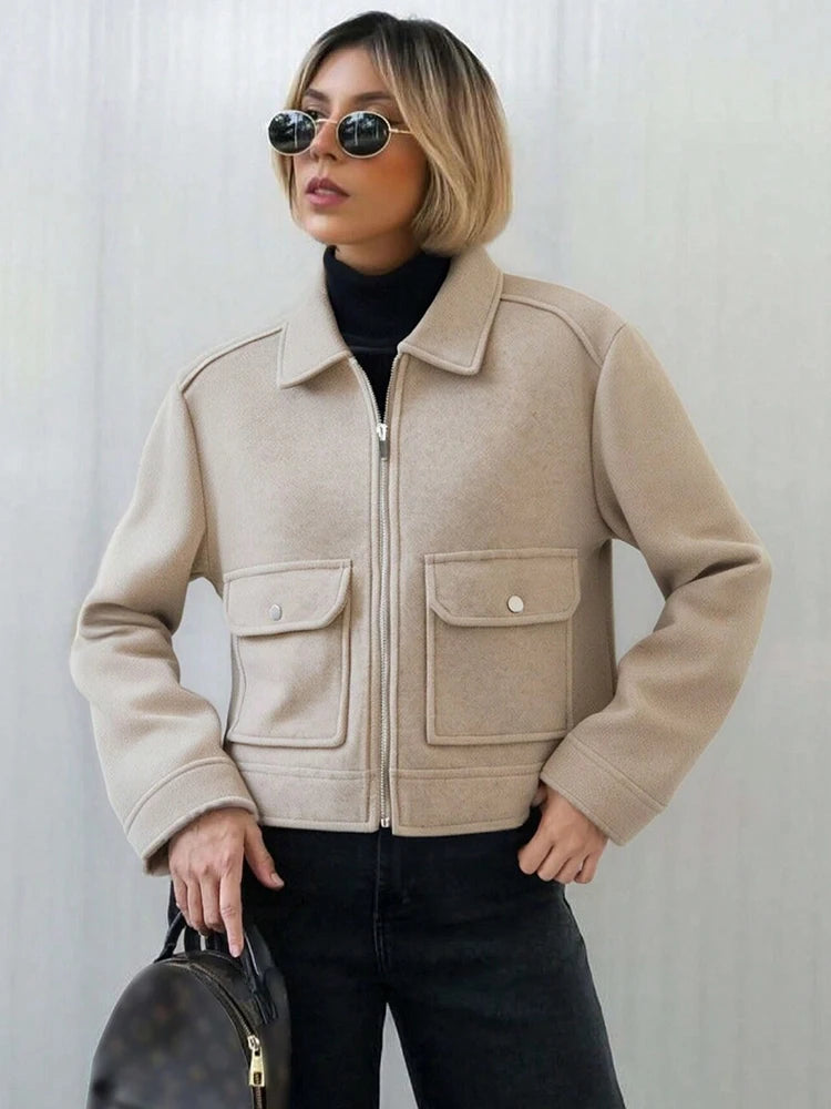 Women's Short Zip-Up Jacket Coat – Elegant Street Outerwear with Pockets