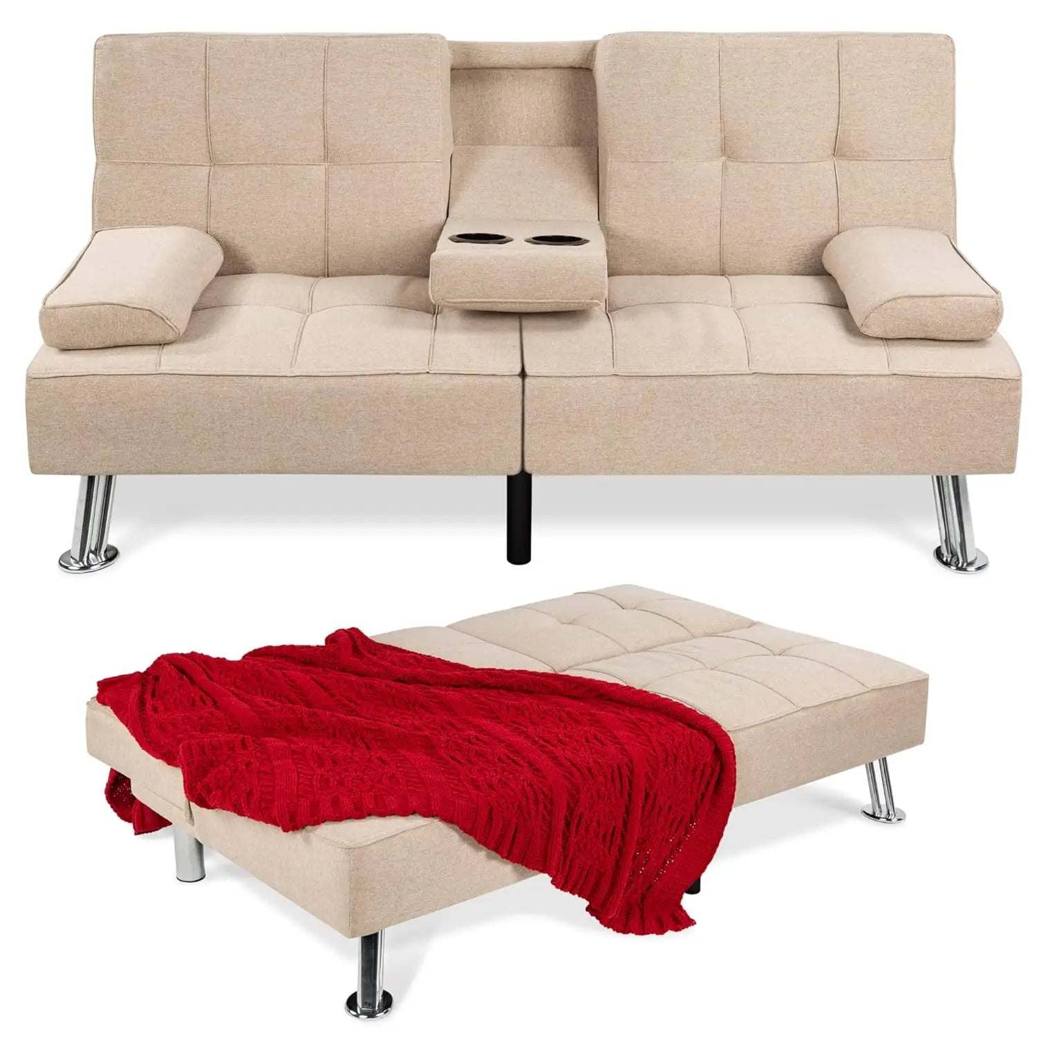 Sit, Recline, Sleep — Modern Linen Folding Futon Sofa Bed | 3 Positions, 2 Cupholders, Removable Armrests, 500 lb Capacity