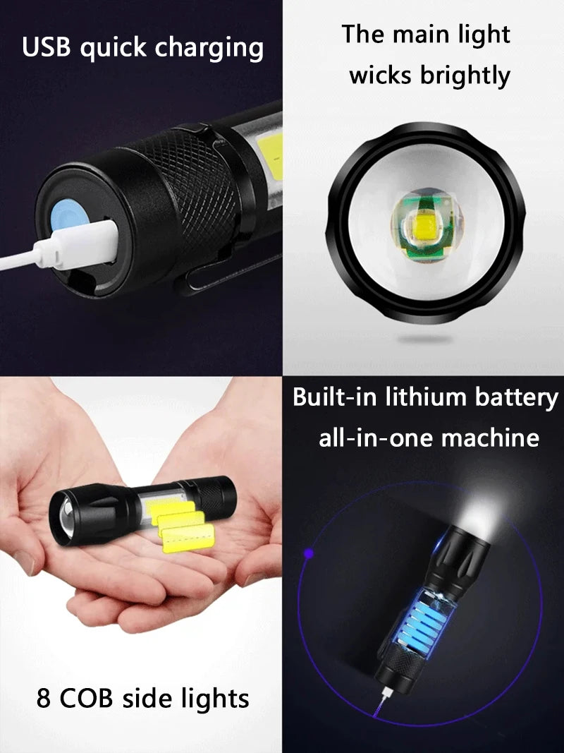 Mini COB+XPE LED Flashlight – USB Rechargeable, Zoomable, 3 Modes with Pocket Clip for Camping & EDC