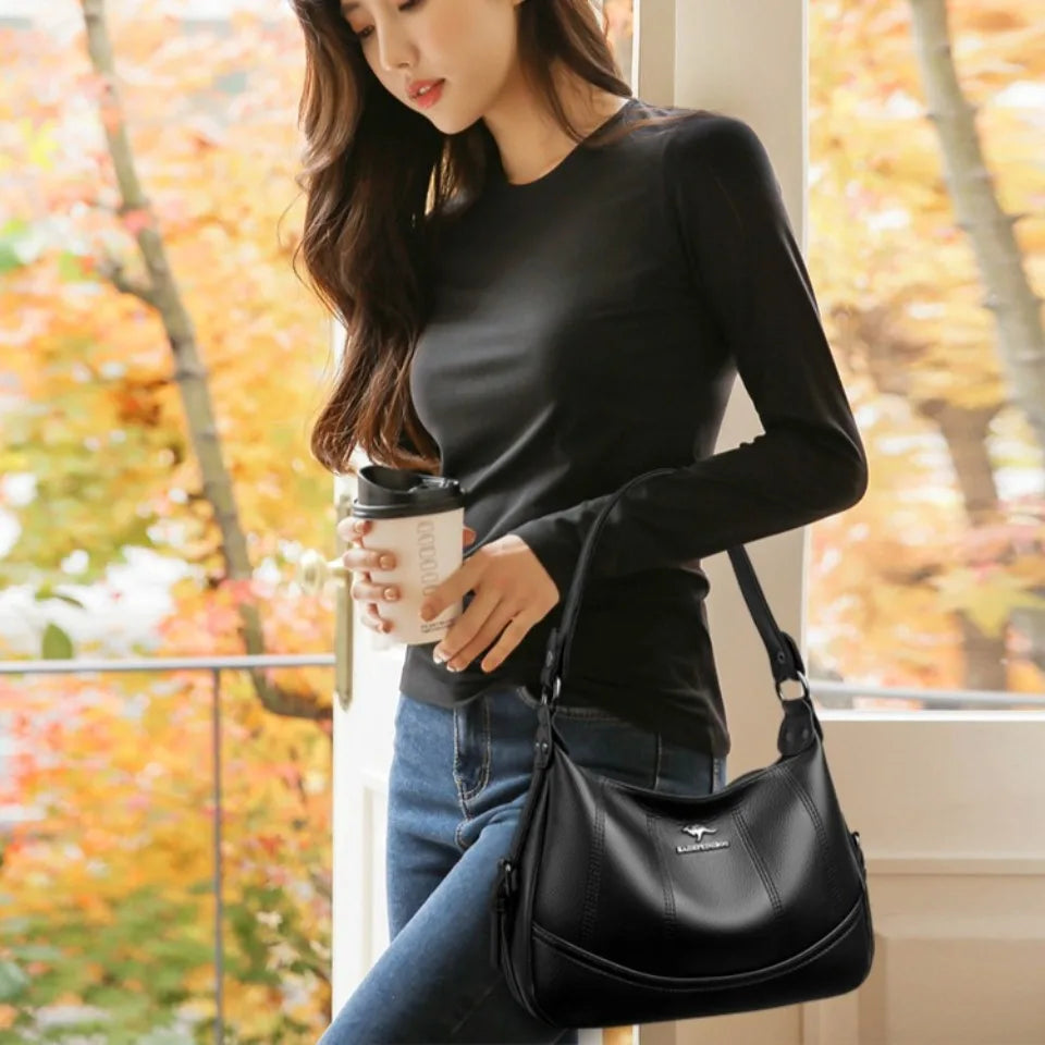VANDERWAH Genuine Leather Two-Layer Flap Shoulder Bag – Luxury Crossbody Messenger Handbag for Women