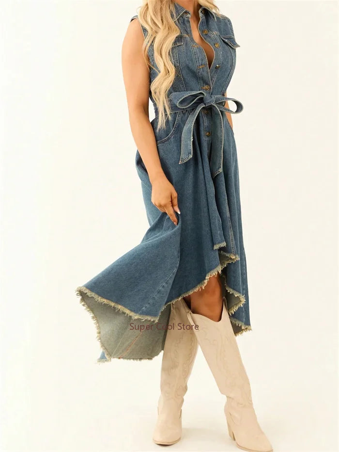 Sleeveless Denim A-Line Midi Dress — Lace-Up Irregular Tunic Dress for Women
