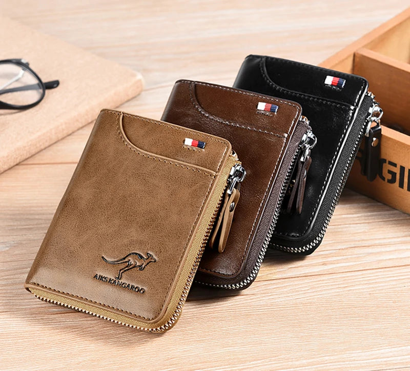 Men's RFID Leather Business Wallet – Zipper Card Holder Purse with RFID Protection