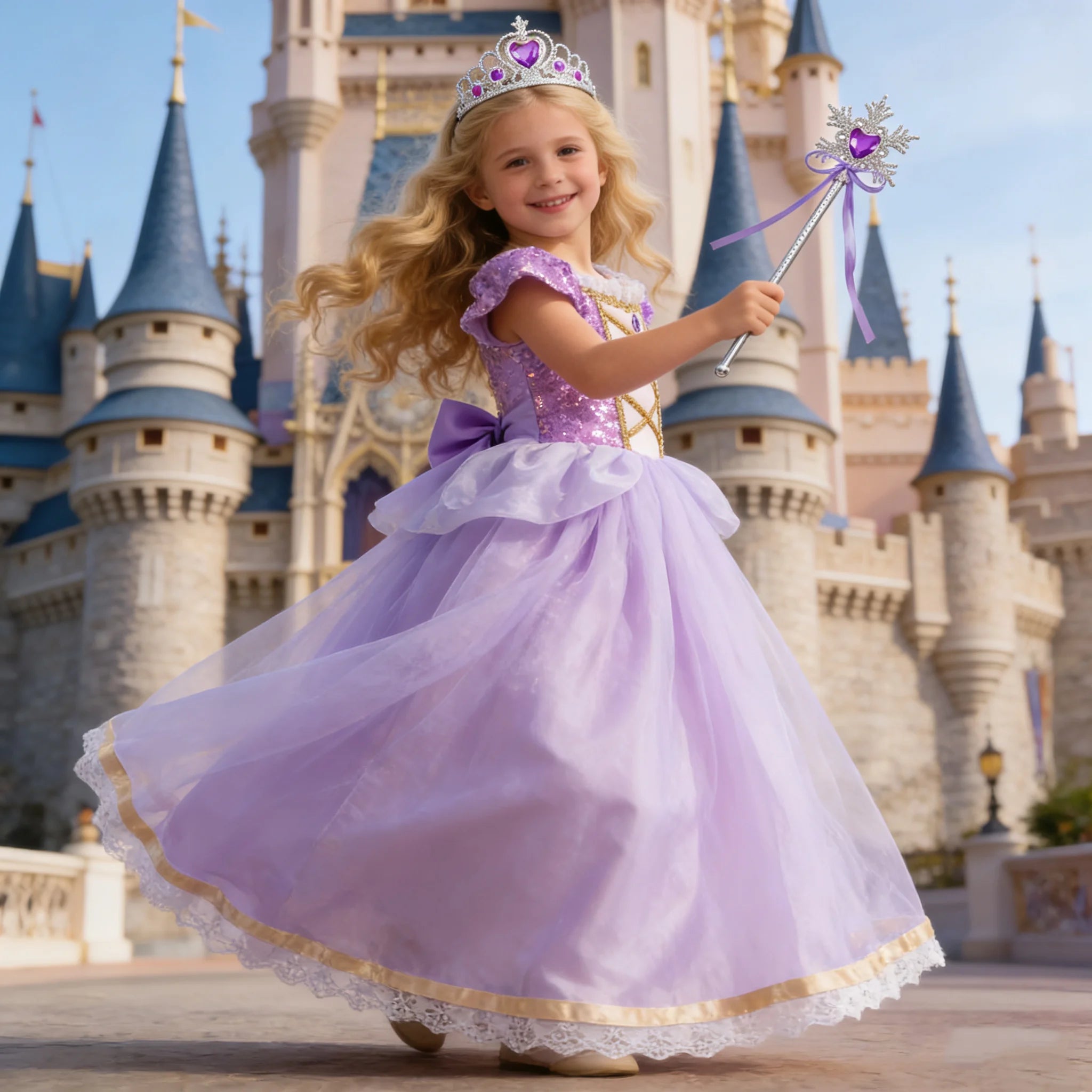 Girls Rapunzel Princess Costume Dress — Purple Puffy Halloween & Birthday Party Dress