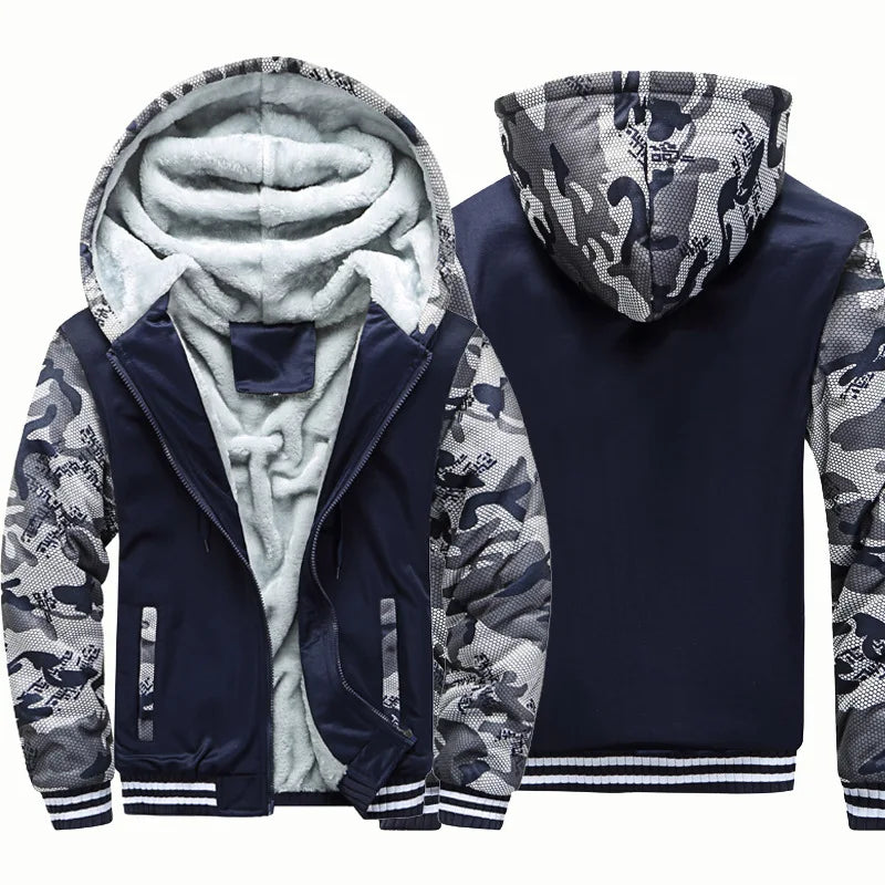 Men's Camouflage Fleece Hooded Zip Jacket – Thick Streetwear Coat for Autumn & Winter