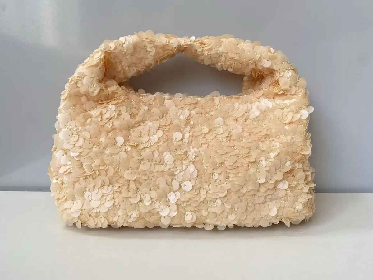 White Sequin Hobo Bucket Bag – Shiny Evening Clutch Tote for Wedding Party & Special Occasions