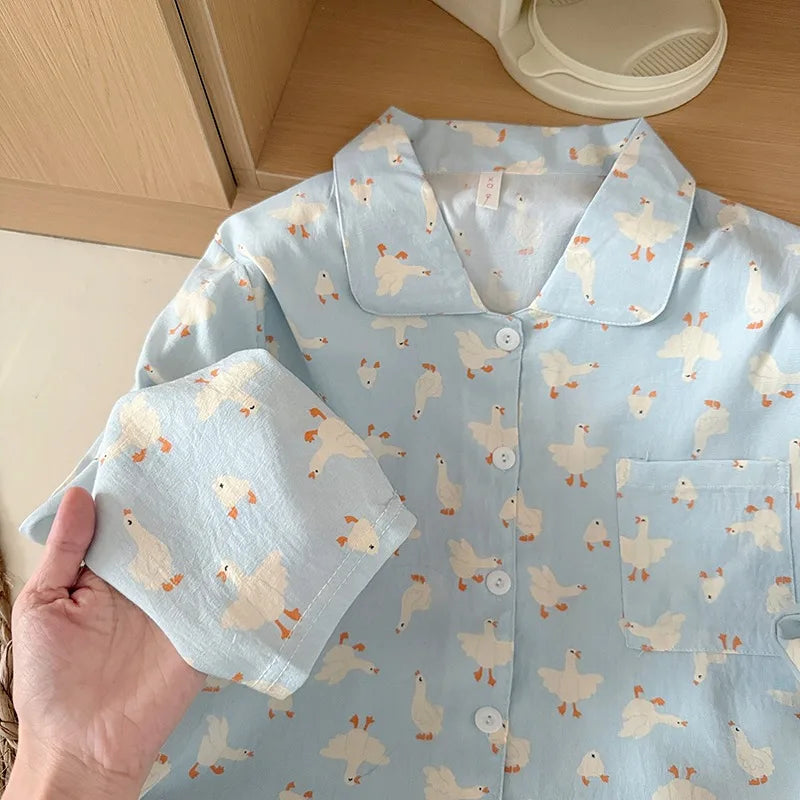 Women's Kawaii Goose Print Y2K Pajamas Set | Korean Fashion Lapel Neck Autumn Loungewear