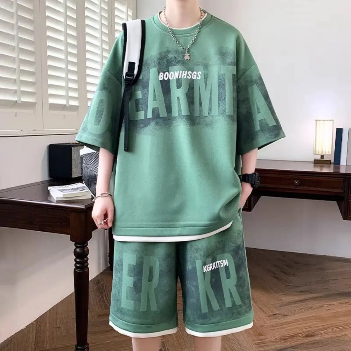 Men's Letter Print Short Sleeve T-Shirt & Drawstring Shorts Breathable Sports Set