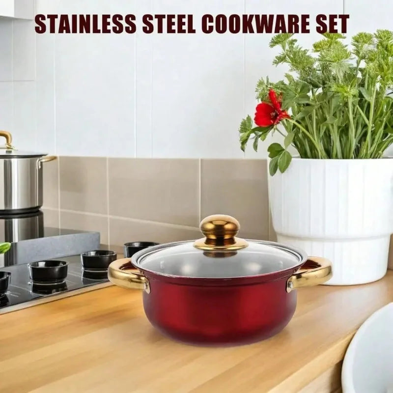 Nonstick Cookware Set – Wine Red with Gold Handles