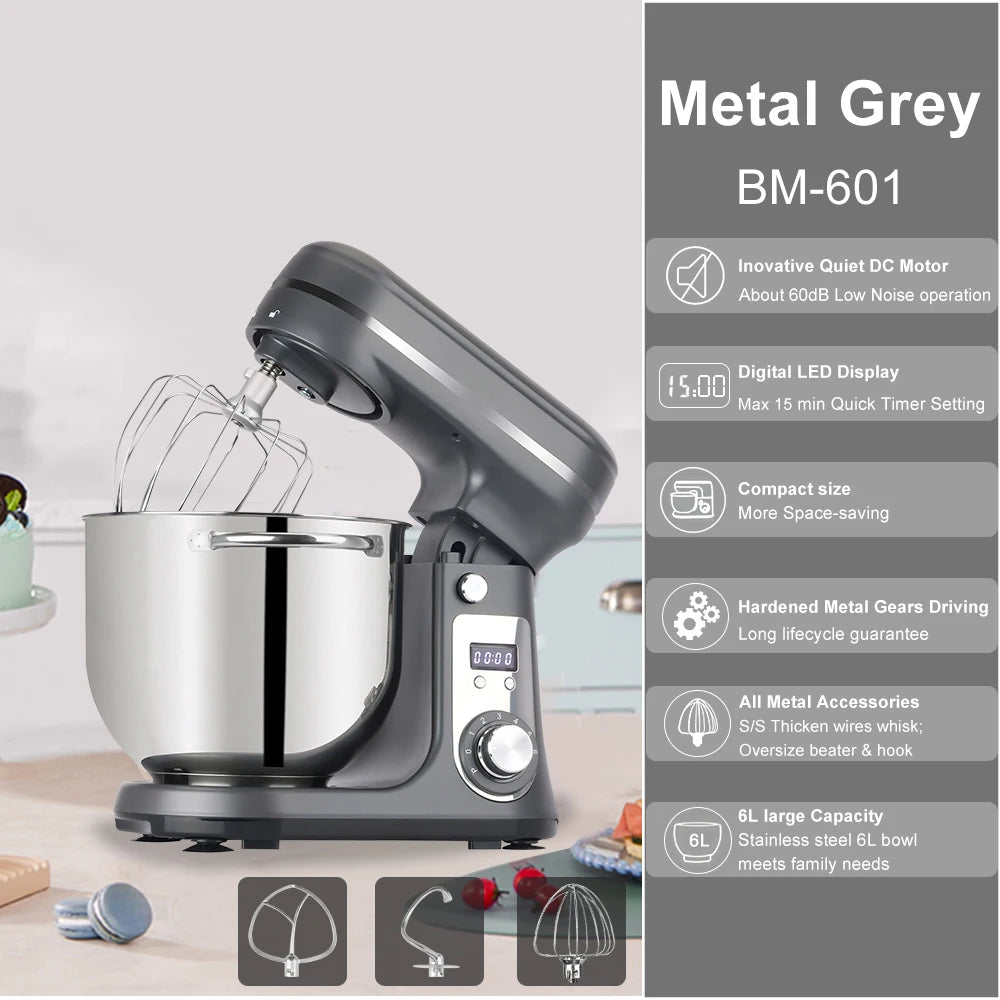 6L 1200W Stand Mixer — Quiet DC Motor, 6-Speed, Dough Kneader & Egg Whisk