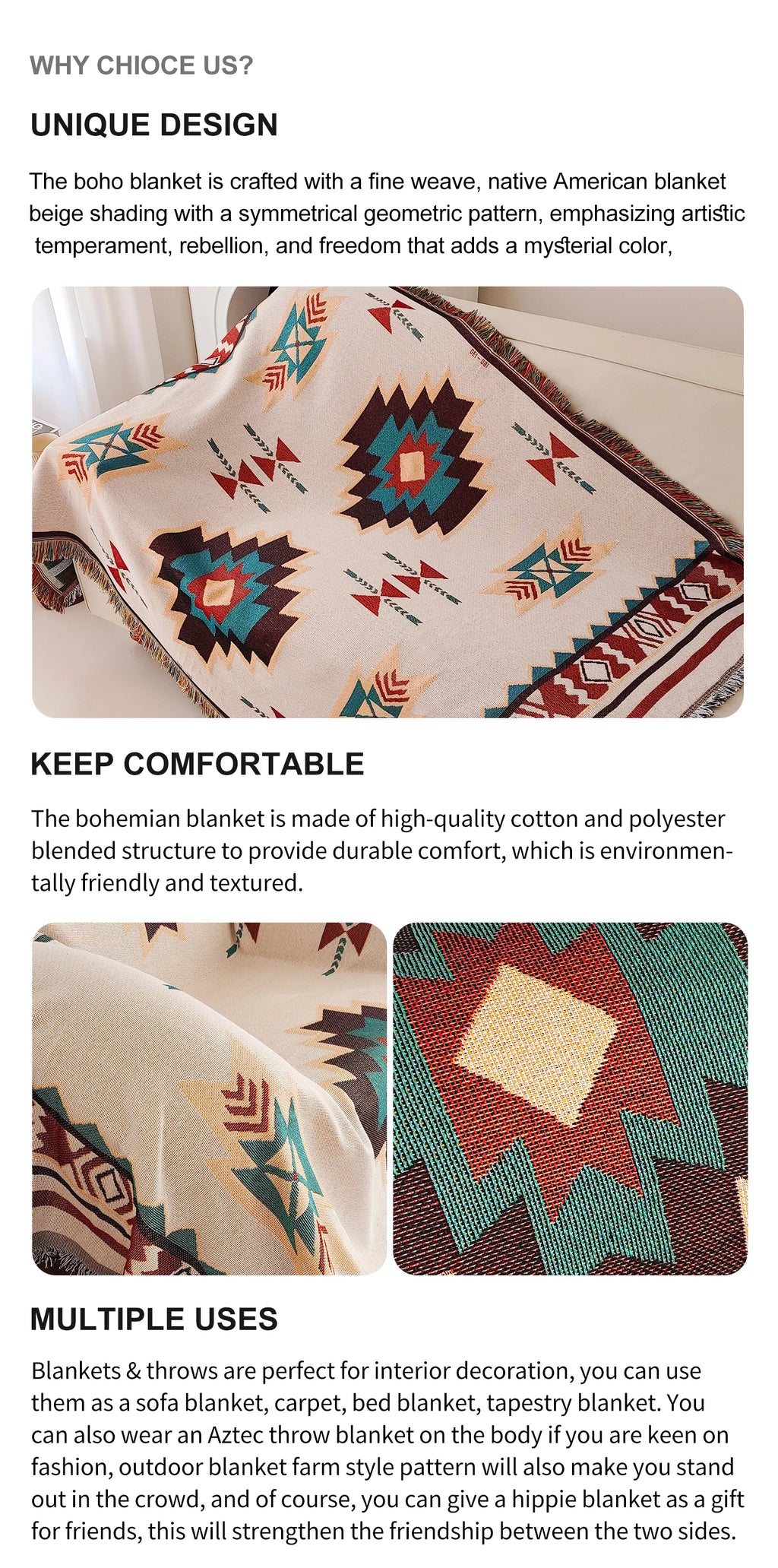 Aztec Boho Throw Blanket with Fringe – Oversized Southwestern Geometric Tapestry, Double-Sided Woven
