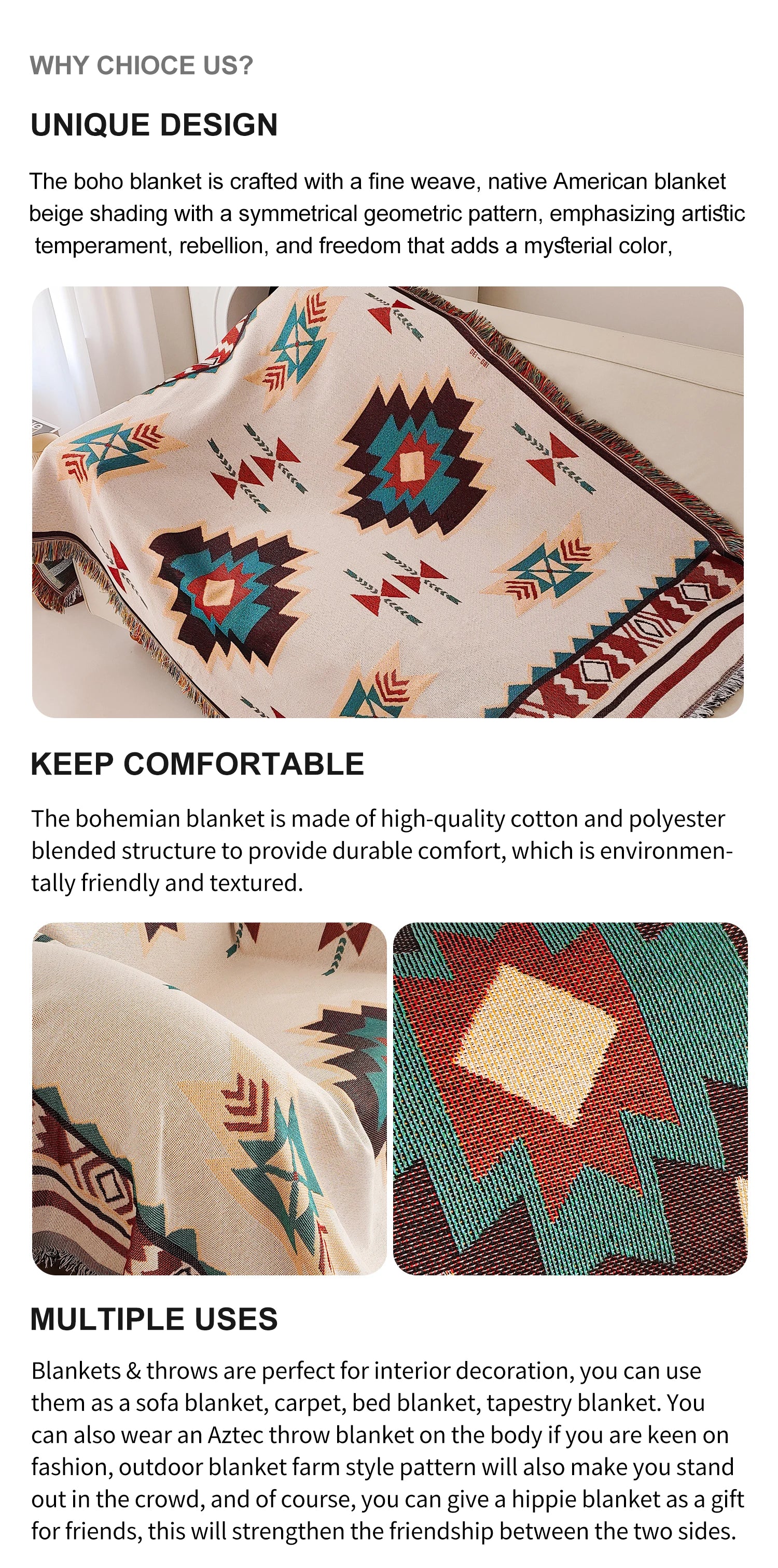 Aztec Boho Throw Blanket with Fringe – Oversized Southwestern Geometric Tapestry, Double-Sided Woven