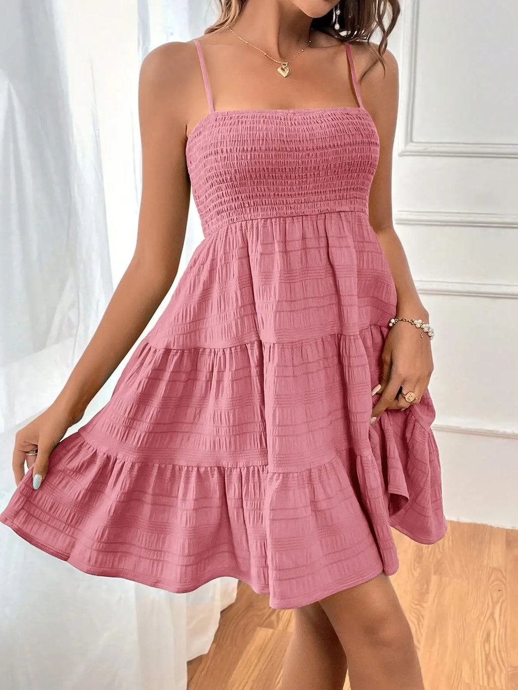 Women's Smocked Bustier Ruffled Tiered Swing Mini Dress – Spaghetti Strap Beach Vacation Dress