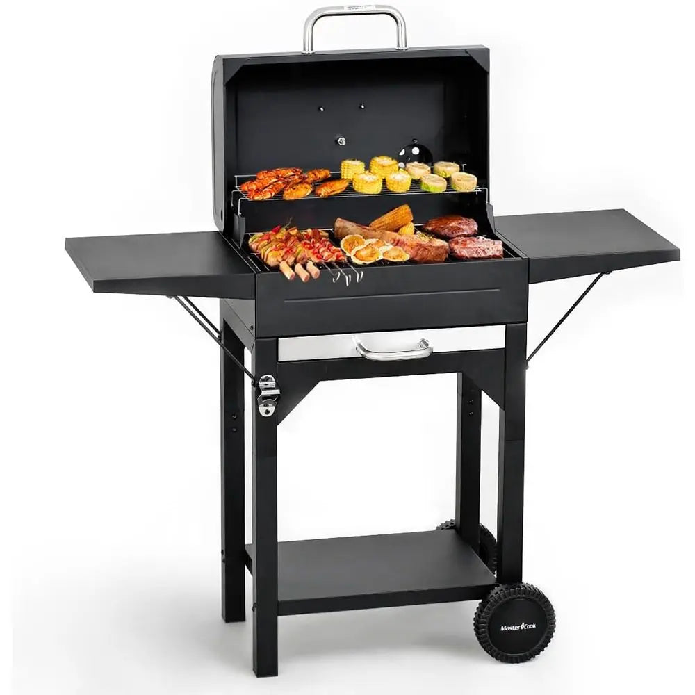 Dual-Side Table Charcoal Grill | 332 Sq. In. Cooking Area, Built-In Thermometer, 360° Wheels, Removable Ash Collector, Outdoor BBQ Smoker