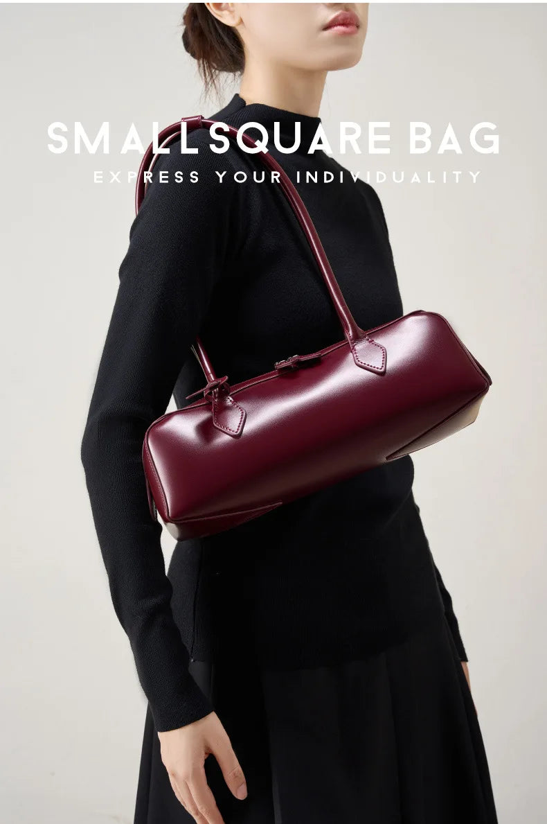 Vintage Genuine Leather Baguette Shoulder Bag – Korean Luxury Underarm Handbag for Women