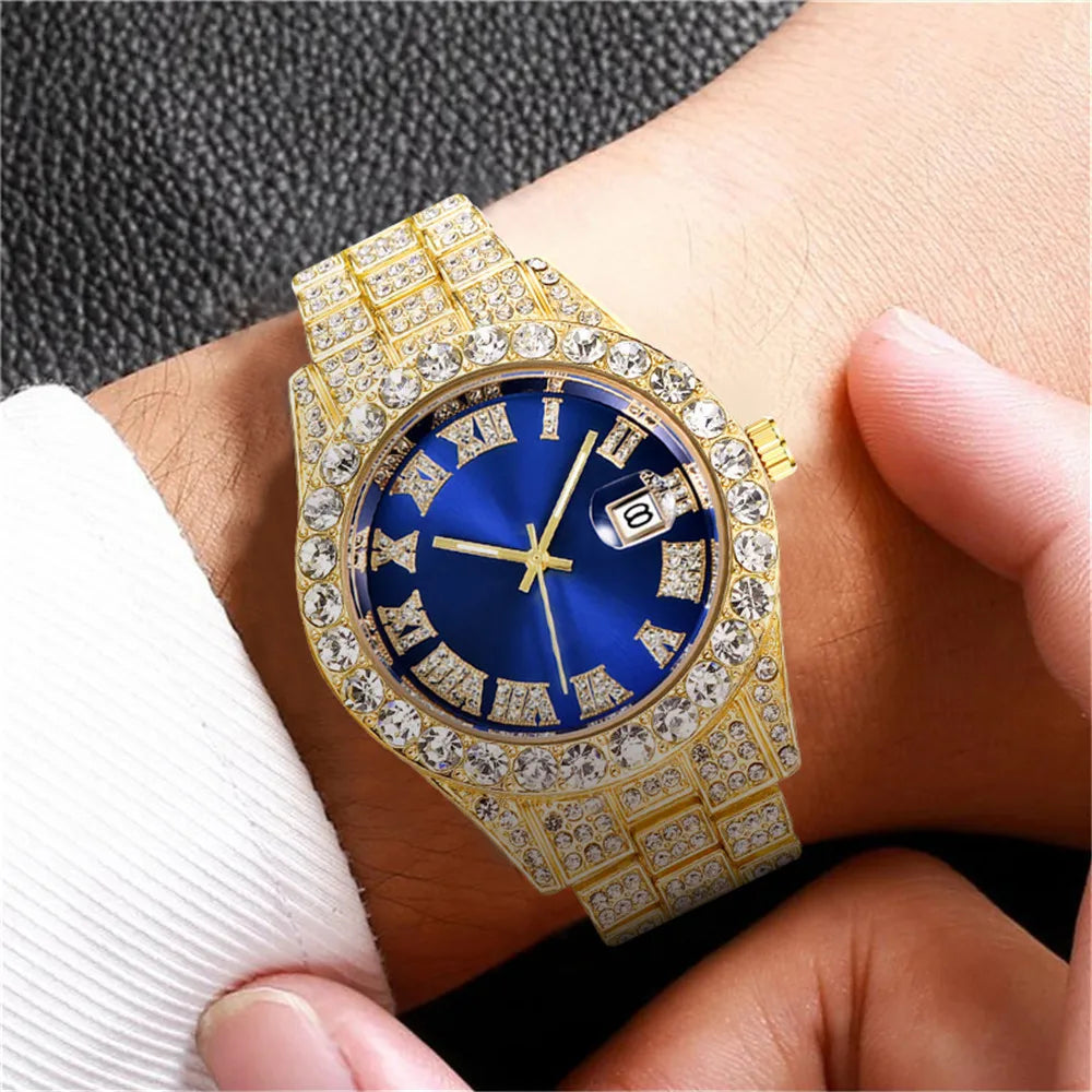 Men's Classic Golden Roman Rhinestone Quartz Watch | Steel Strap Calendar Fashion Wristwatch