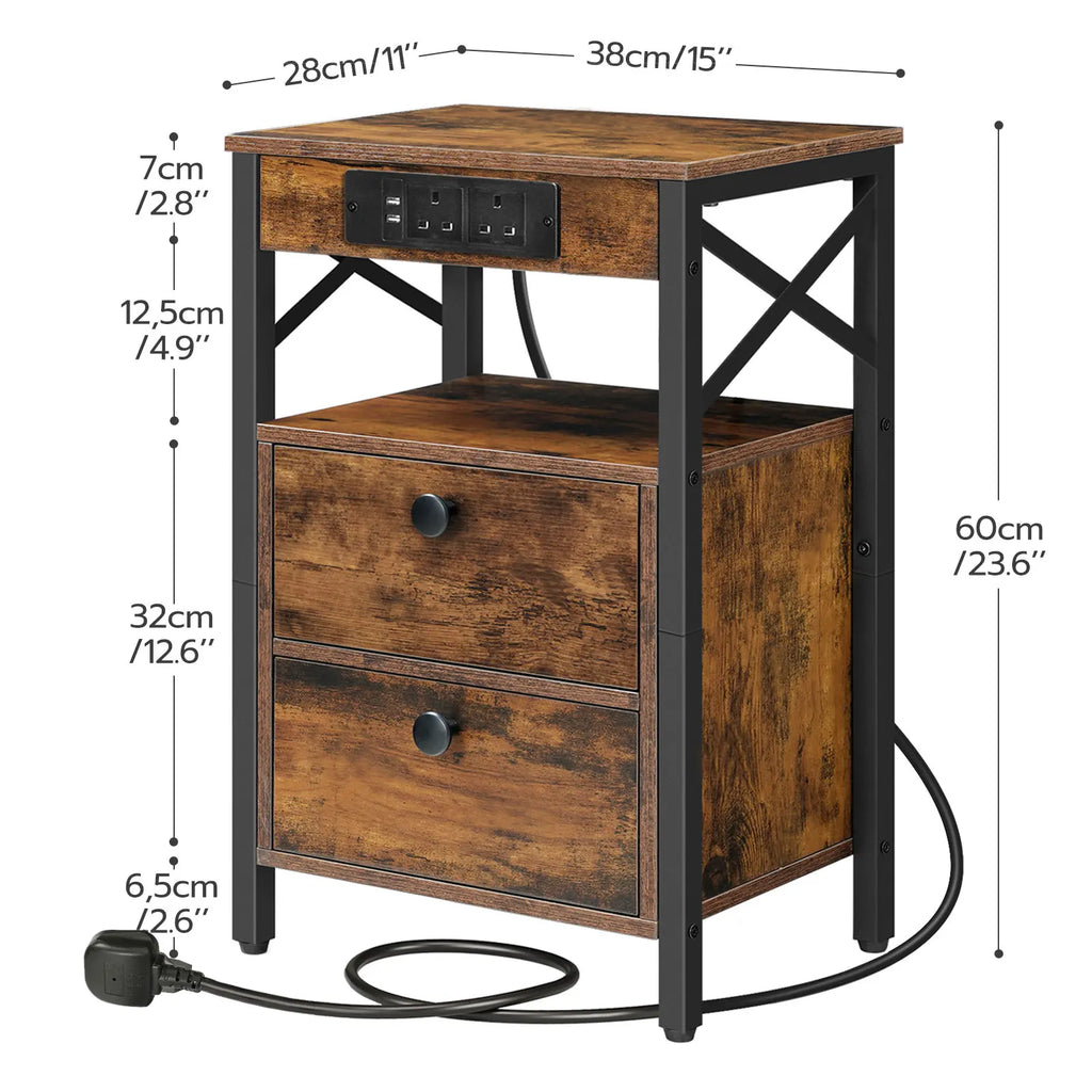 Bedside Nightstand with Built-In Charging Station — 2 AC Outlets & 2 Power Ports