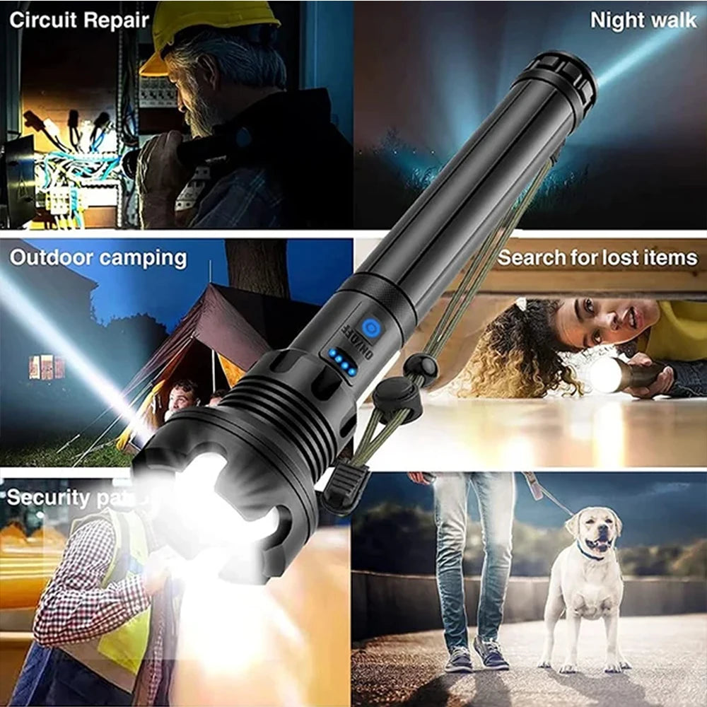 90000 Lumens XHP90 LED Tactical Flashlight – Rechargeable USB Zoomable 7-Mode Torch