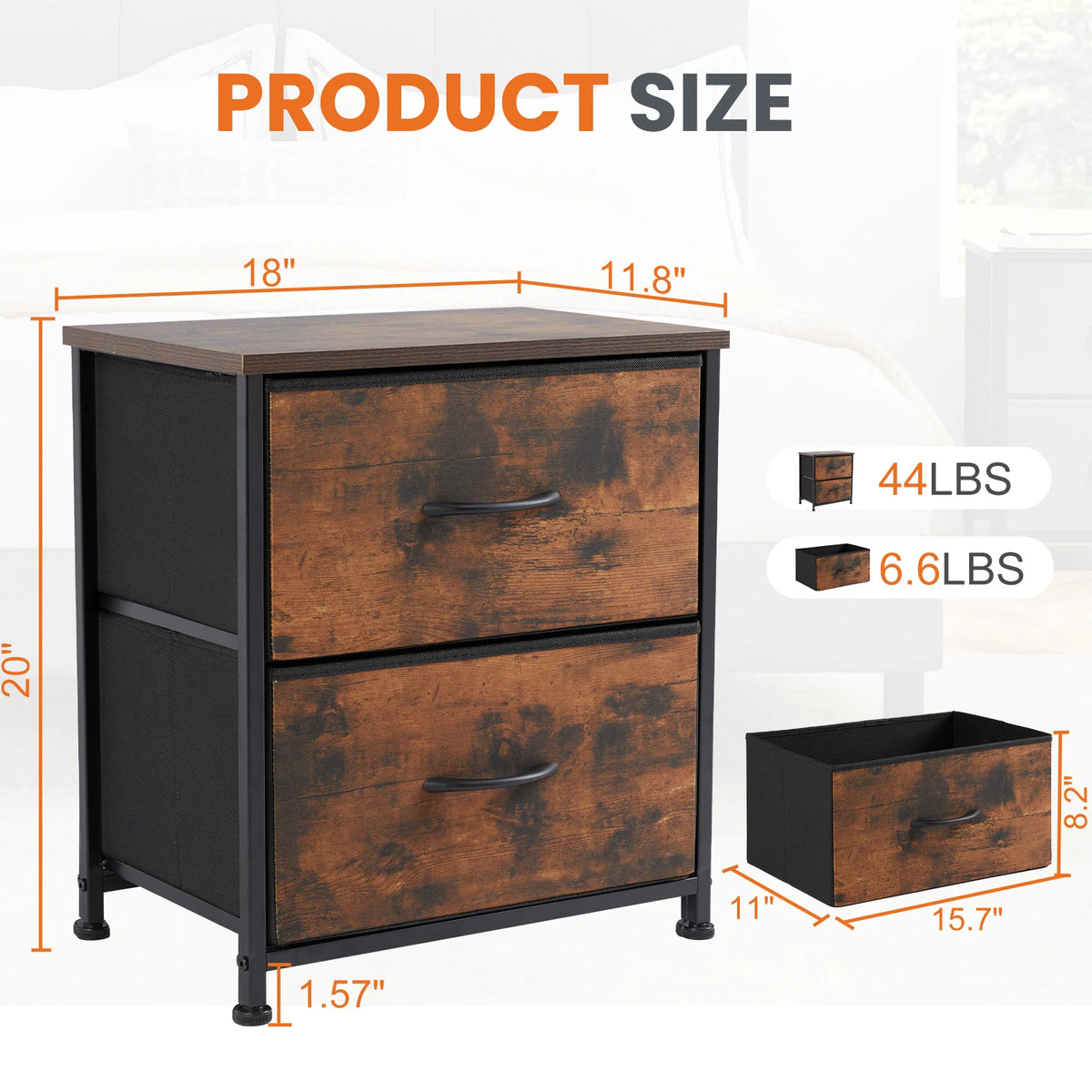 JHK Nightstand & Bedside Table – 2 Fabric Drawers, Storage Cabinet for Bedroom, Coffee & Sofa Side Table