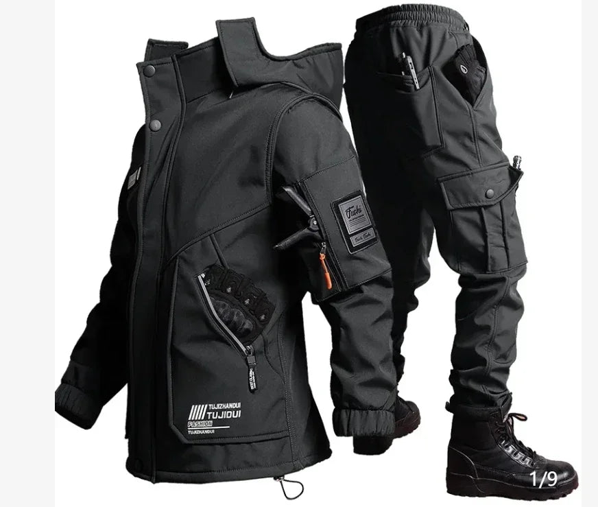 Men's Velvet Thickened Windproof Waterproof Outdoor Jacket & Pants Set – Warm Winter Work Suit