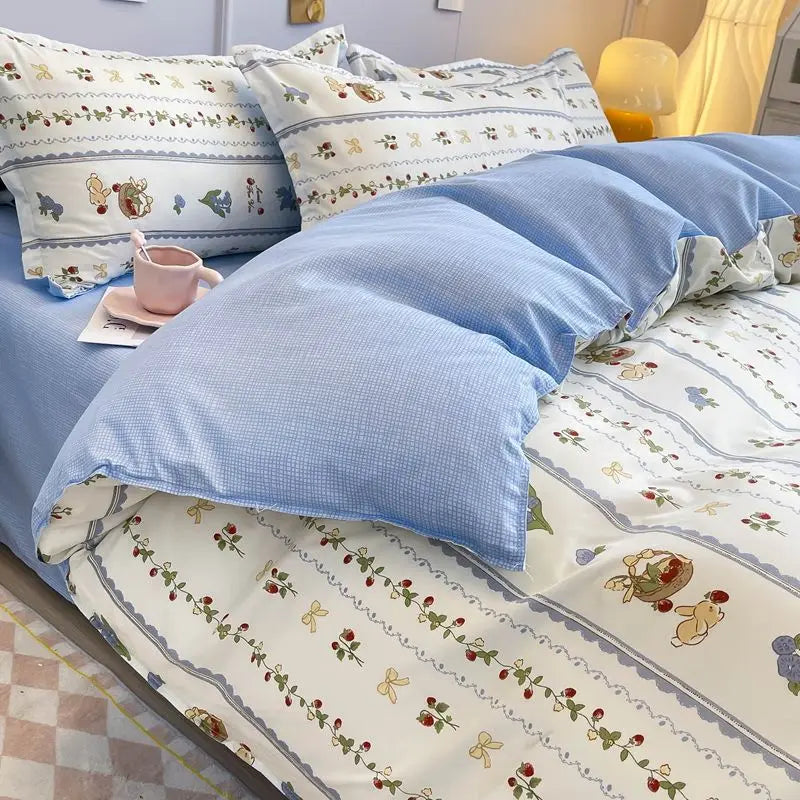 Vintage Floral Duvet Cover Set – Korean Ins Style Bedding Kit with Flat Sheet & Pillowcases, Single to Queen
