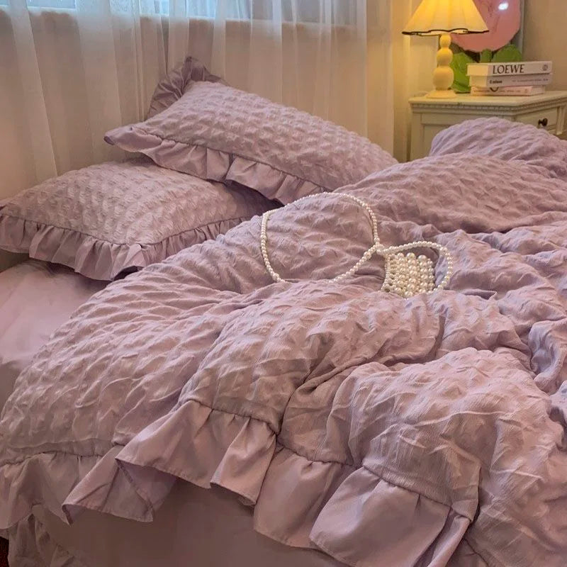 Girls Blue Seersucker Ruffle Bedding Set – Kawaii Soft Duvet Cover with Pillow Cases