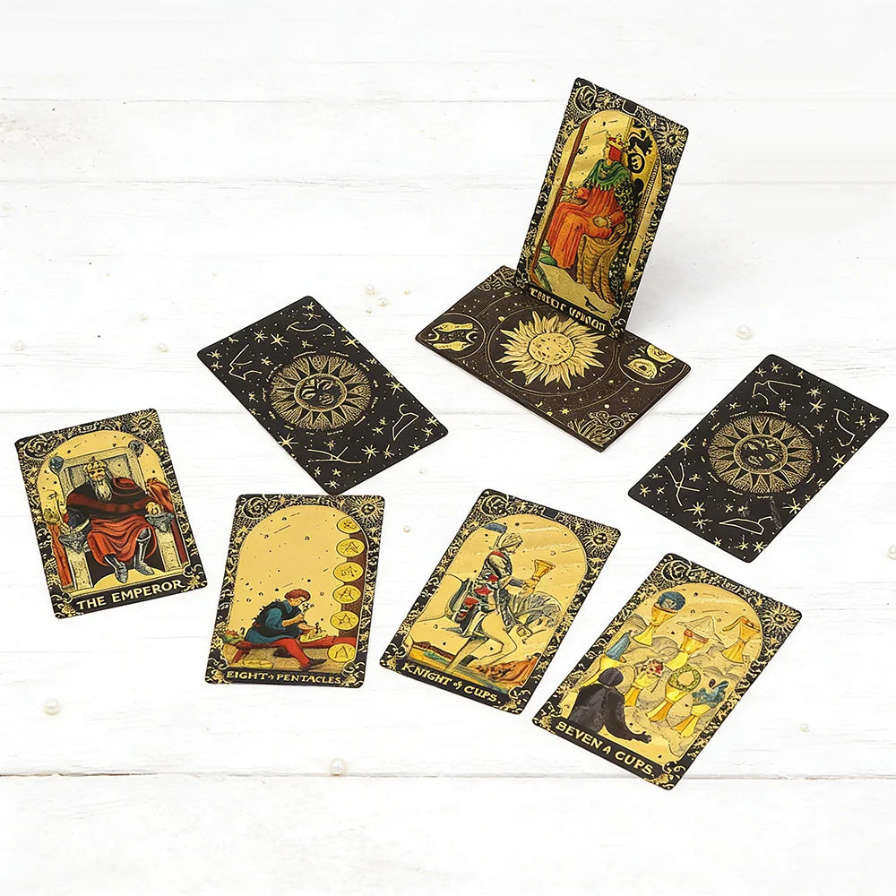 Golden Foil Tarot Cards Set – Luxe Finish with Wooden Card Stand for Beginners & Predictive Readings
